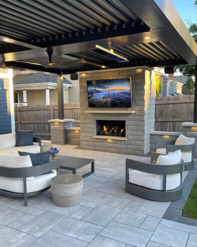 Outdoor Pergola With White Seating